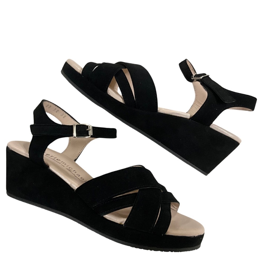 Eric Michael Muse Black Suede Leather Wedge Sandal, New In Box
